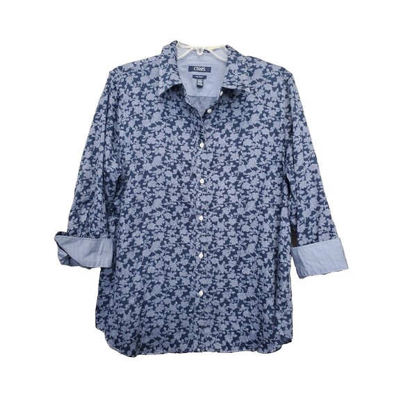 Chaps No Iron Women's Cotton Blue Floral Flip Cuff Button-Up Shirt Size XL - Picture 1 of 5